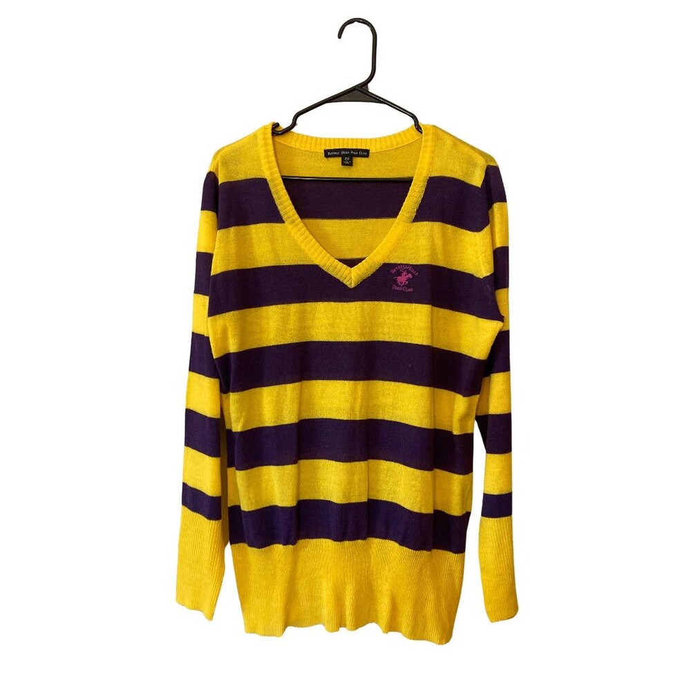 Vintage Beverly Hills Polo Club Purple/Yellow Striped V-Neck Sweater - size 2X
